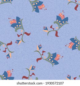 Vector brillante patrón floral repitido sin fisuras con flores lindas rojas y azules esparcidas en un brillante fondo de doodle azul cielo con insinuaciones de lilac