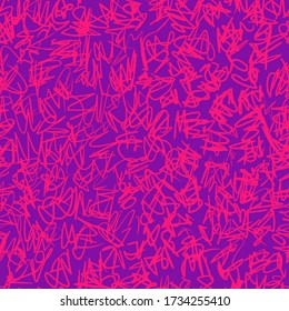 Bright vector seamless scribble pattern, made of pink chaotic lines on purplel background.