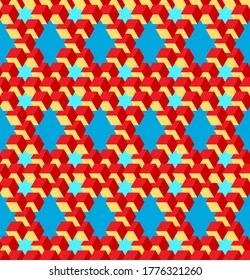 Bright Vector, Seamless, Stylized Pattern Based On the Pentrose Triangle. A Combination of Yellow, Red and Blue. Physically Impossible Option and Optical Illusion. Possible Use in Design Solutions