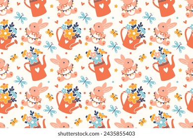 Bright vector seamless wallpaper with watering pot, cute pink rabbit and bouquets of flowers. Funny holiday background. Spring gardening pattern. Adorable baby fabric.