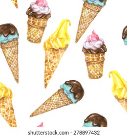 Bright vector seamless watercolor with ice cream in different waffle cones; colorful summer background