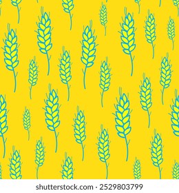 Bright vector seamless wheat pattern. Yellow, white.Farm ears of wheat bread symbols. Agriculture wheat. Dynamic shapes. Template Illustration for trending design. Hand drawn unique print EPS 10.