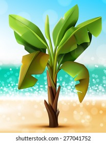 Bright vector seascape with palm tree, tropical illustration