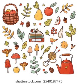 bright vector set with autumn leaves and fruits. cute elements for stickers, card or prints