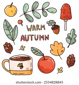 bright vector set with autumn leaves and fruits. cute elements for stickers, card or prints