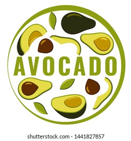 Bright vector set of avocado elements. Isolated on white background. Card with avocado. For kitchen, for printing on textiles, phone case.