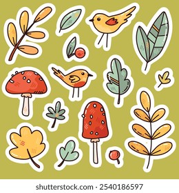 bright vector set with birds, leaves and berries. cute elements for stickers, card or prints