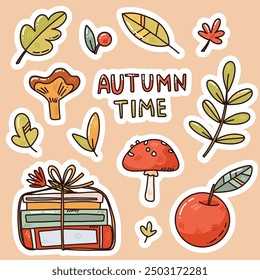 bright vector set with books, leaves and berries. cute elements for stickers, card or prints