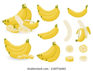 Bright vector set of bunches of fresh banana and slices of bananas. Sweet Yellow cartoon single, peeled banana and bunch of bananas isolated on white background.