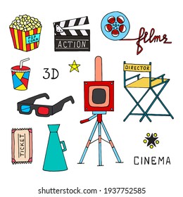 Bright vector set with cinema elements on white background.