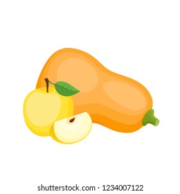 Bright vector set of colorful apple, pumpkin. Cartoon organic fresh vegetable, fruit isolated on white background used for magazine, book, poster, card, menu cover, web pages.
