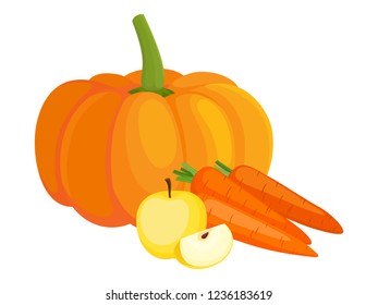 Bright vector set of colorful apple, pumpkin and carrot. Cartoon organic fresh vegetable, fruit isolated on white background used for magazine, book, poster, card, menu cover, web pages.