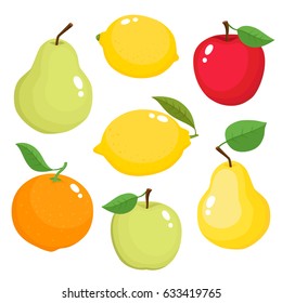 Bright vector set of colorful apple, pear, lemon, orange. Fresh cartoon fruits isolated on white background. Agriculture and food theme design