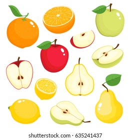 Bright vector set of colorful apple, pear, lemon, orange. Fresh cartoon fruits isolated on white background. Agriculture and food theme design