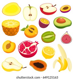 Bright vector set of colorful of apple, banana, pear, orange, figs, plum, papaya, avocado, mango, lemon, peach, pineapple, kiwi. Fresh cartoon different fruits isolated on white background