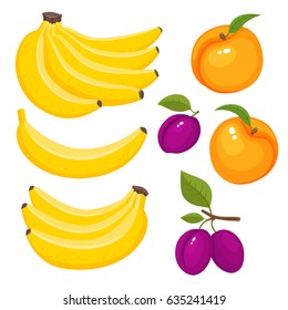 Bright vector set of colorful banana, peach, plum. Fresh cartoon fruits isolated on white background. Agriculture and food theme design