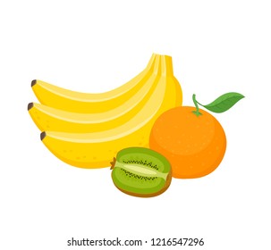 Bright vector set of colorful bananas, kowofruit and orange. Cartoon organic fresh fruits isolated on white background used for magazine, book, poster, card, menu cover, web pages.