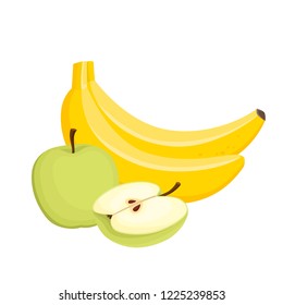 Bright vector set of colorful bananas and apple. Cartoon organic fresh fruits isolated on white background used for magazine, book, poster, card, menu cover, web pages.