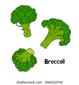 Bright vector set of colorful broccoli. Fresh cartoon vegetable isolated on white background used for magazine, book, poster, card, menu cover, web pages. Organic food vegan concept.