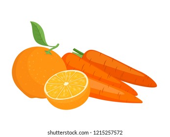 Bright vector set of colorful carrots and oranges. Cartoon organic fresh fruit and vegetable isolated on white background used for magazine, book, poster, card, menu cover, web pages.