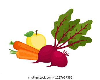Bright vector set of colorful carrots, beet and apple. Cartoon organic fresh fruit and vegetable isolated on white background used for magazine, book, poster, card, menu cover, web pages.