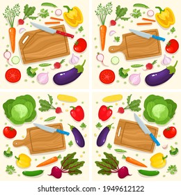 Bright vector set of colorful cutting board, knife and vegetables. Cooking card poster with tomatoes, pepper, onion, carrot, radish, garlic used for magazine, poster, card, menu cover, web.