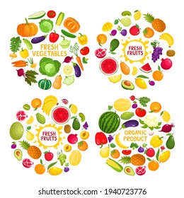 Bright vector set of colorful fresh fruit and vegetables in round. Cooking card poster with tomatoes, pepper and avocado, onion, carrot, radish, apples and bananas