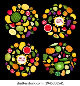 Vector brillante conjunto de frutas y verduras frescas coloridas sobre negro. Cartel de cocina con producto orgánico - tomates, pimienta y aguacate, cebolla, zanahoria, rábano, manzanas y plátanos