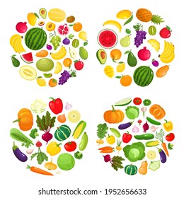 Helle Vektorgrafik von buntem frischem Obst und Gemüse in rund.