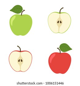 Bright vector set of colorful half and whole of juicy apple. Fresh cartoon apples on white background.