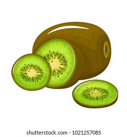 Bright vector set of colorful half, and a slice of fresh KIWI. Fresh KIWI fruit cartoon isolated on white background. Stock vector.