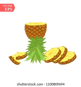 Bright vector set of colorful half, slice and whole of pineapple. Fresh cartoon exotic fruit isolated on white background. eps 10