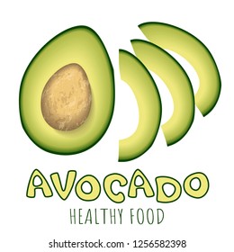 Bright vector set of colorful half and slices of fresh avocado. Fresh avocad isolated on white background