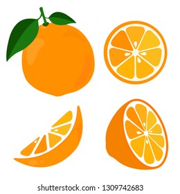 Bright vector set of colorful half, slice and segment of juicy orange. Fresh cartoon oranges on white background.