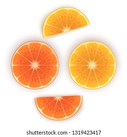 Bright vector set of colorful half, slices of orange. Fresh cartoon slices of orange on white background.