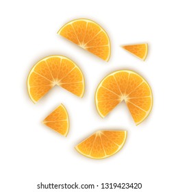 Bright vector set of colorful half, slices of orange. Fresh cartoon slices of orange on white background.