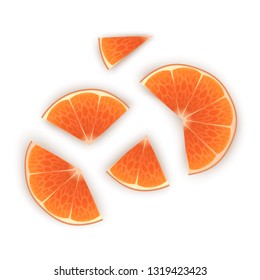 Bright vector set of colorful half, slices of orange. Fresh cartoon slices of orange on white background.