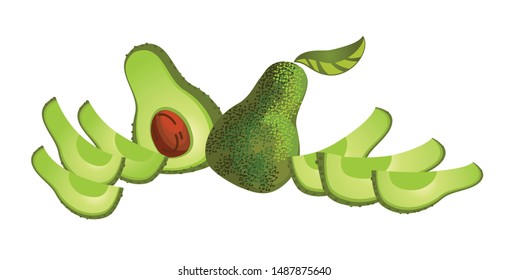 Bright vector set of colorful half, slice and whole of fresh avocado. Eco advertising, print, banners, postcards.
 Fresh cartoon avocados isolated on white background.