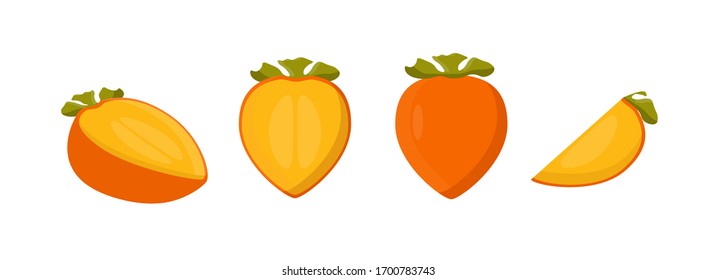 Bright vector set of colorful half, slice and whole of juicy persimmon. Fresh cartoon persimmon isolated on the white background. Juice or jam logotype. Vector illustration.