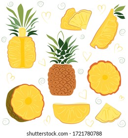 Bright vector set of colorful half, slice and whole of juicy pineapples. Fresh cartoon pineapples isolated on white background. Juice or jam logotype.