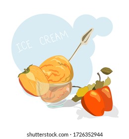 Bright vector set of colorful half, slice and whole of juicy persimmon, ice cream from persimmon. Ice cream logotype.