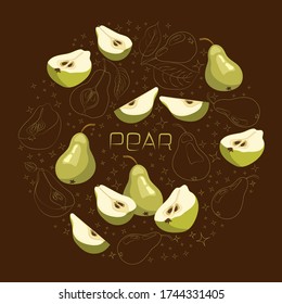Bright vector set of colorful half, slice and whole of juicy pear. Template for summer banner design, print, poster, invitation, postcard.