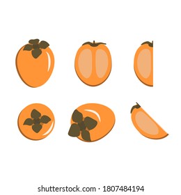 Bright vector set of colorful half, slice and whole juicy persimmon. Fresh cartoon persimmon isolated on white background. Juice or jam logo.