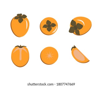 Bright vector set of colorful half, slice and whole juicy persimmon. Fresh cartoon persimmon isolated on white background. Juice or jam logo.