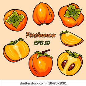 Bright vector set of colorful half, slice and whole of juicy persimmon. Fresh cartoon persimmon isolated
