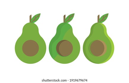 Bright vector set of colorful half, slice and whole of fresh avocado. Fresh cartoon avocados isolated on white background.
