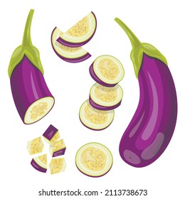 Bright vector set of colorful half, slice and whole of eggplants. Fresh cartoon vegetable isolated on white background.