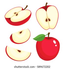 Bright vector set of colorful half, slice and segment of juicy apple. Fresh cartoon apples on white background.