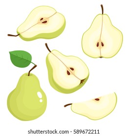 Bright vector set of colorful half, slice and segment of juicy green pear. Fresh cartoon pears on white background.