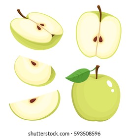 Bright vector set of colorful half, slice and segment of juicy green apple. Fresh cartoon apples on white background.